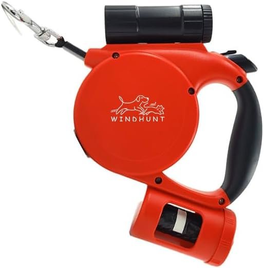 360° Tangle-Free Retractable Dog Leash with Flashlight, Dispenser and Poop Bag Heavy-Duty Nylon Tape for Small, Medium Dogs and Cats One-Handed Brake and Lock, Red
