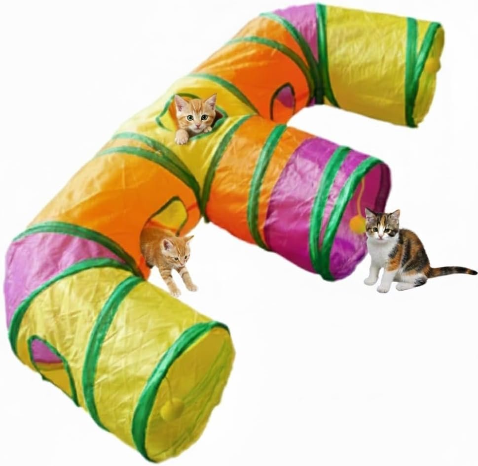 E-3-Way Cat Tunnel for Indoors Cats with Peek Holes & Hanging Balls