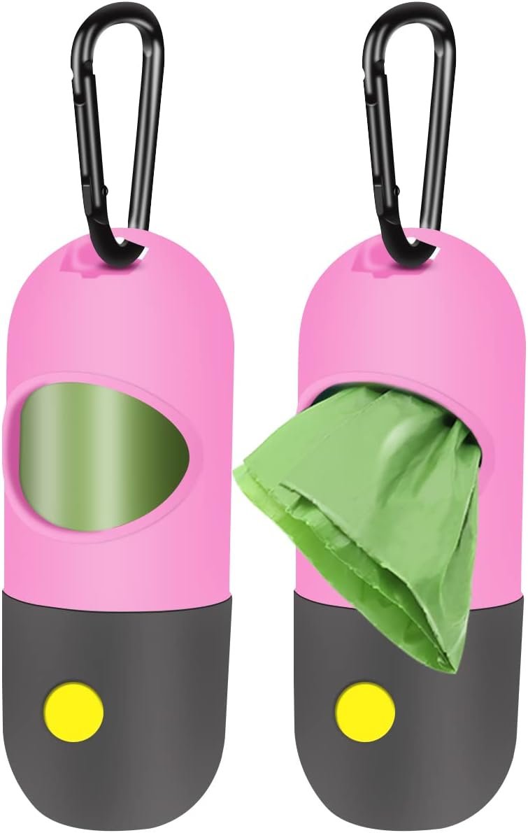 2 Pack Dog Poop Bag Dispenser with Built-in LED Flashlight, Pet Waste Bag Holder for Leash with Carabiner Clip for Lead Leash, 2 Rolls Leak-proof Doggy Waste Bags for Dog Walking, Pink, Eliamo