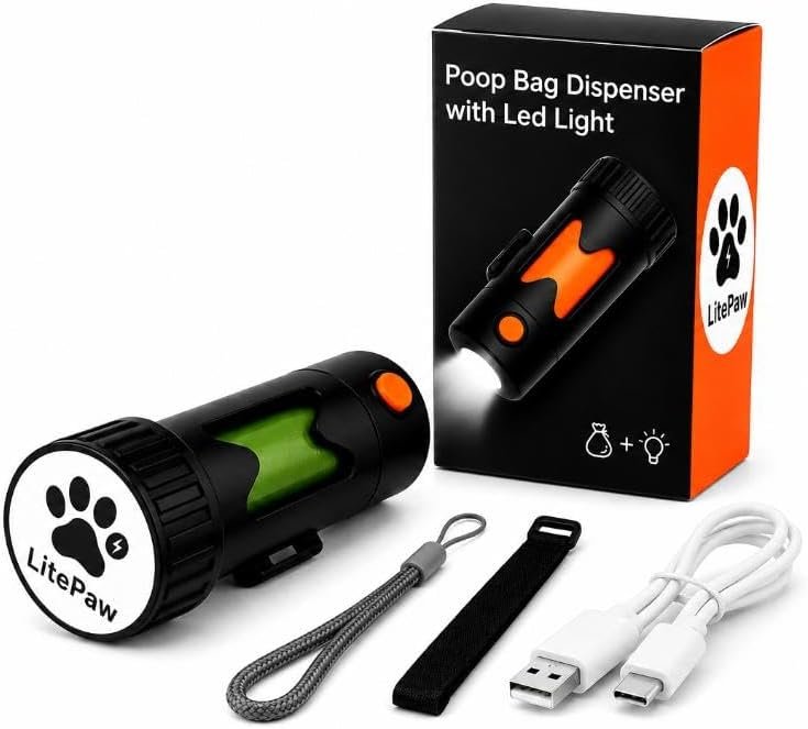 Dog Poop Bag Dispenser with Built-in LED Flashlight – USB Rechargeable, Poop Bags Included, Leash Attachment Strap, Night Walk Essential for Dog Owners
