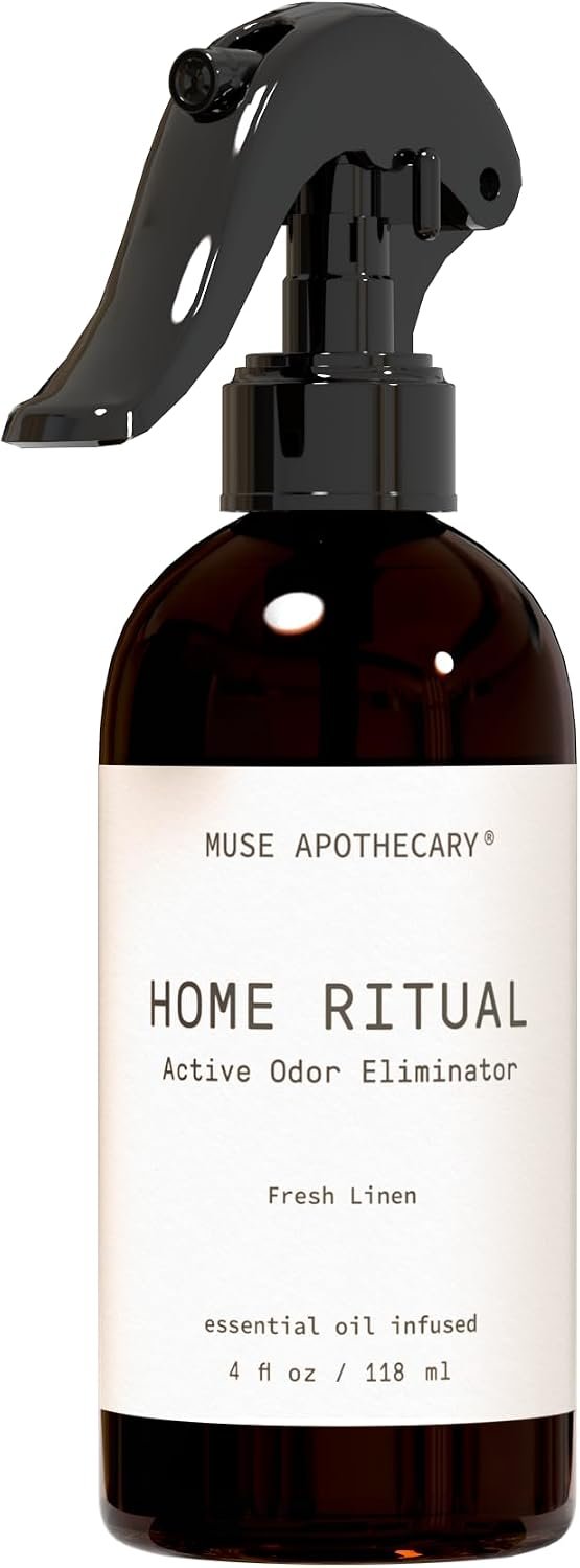 Muse Apothecary Home Ritual Active Odor Eliminator Spray – Furniture Deodorizer Spray & Bathroom Odor Eliminator for Home – Essential Oil Air Freshener – 4oz, Fresh Linen
