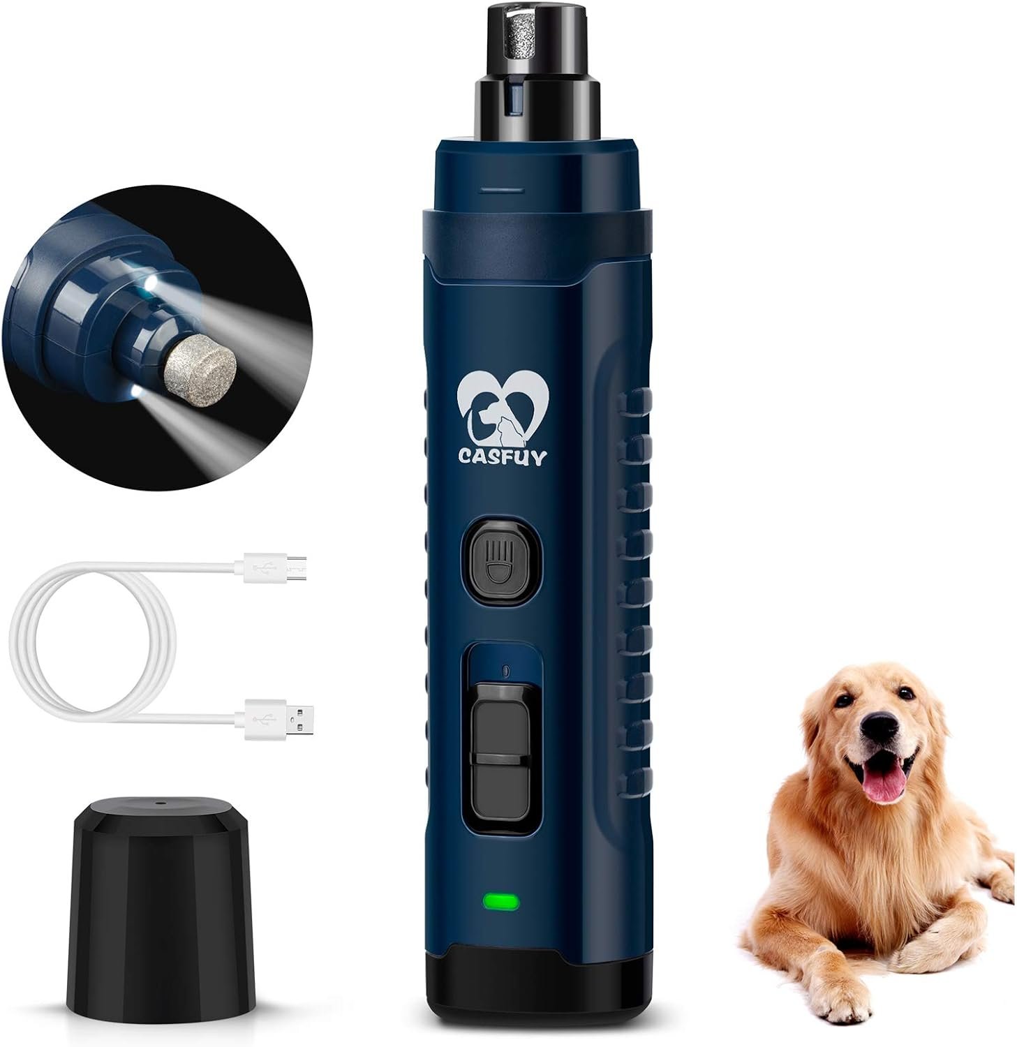 Casfuy Dog Nail Grinder with 2 LED Light – 4.8V Super Powerful 2-Speed Electric Pet Nail Trimmer for Medium Large Dogs Quiet Rechargeable Painless Paws Grooming & Smoothing Tool (Dark Blue)