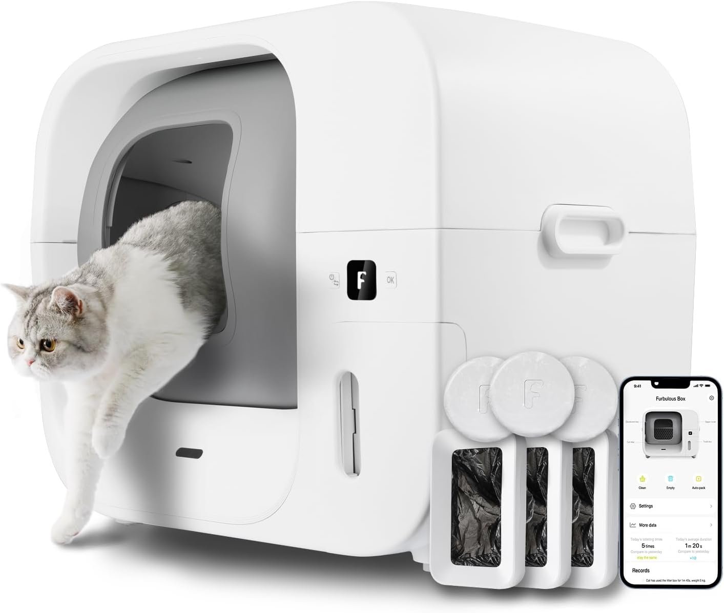 Furbulous True Odor-Less Self Cleaning Cat Litter Box, Self-Pack and Auto-Refill, Multi-Cat Recognition, Smart APP/Manual Control, Extra Large Space for 3.3-22 lbs Cats (Set2)