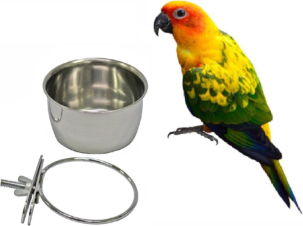 Bird Parrot Feeding Cups Cage Hanging Bowl Stainless Steel Perches with Clamp Holder – Bird Coop Cups Seed Water Food Dish Feeder Bowl 10 Ounce
