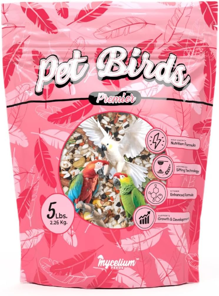 Mycelium Organic Pet Bird Premier Bird Seed (5 LBS) | Premium Food for Parrots, Cockatoos, & Large Birds | High-Protein, Vitamin-Fortified, Growth & Development Support | USA Made, Non-GMO