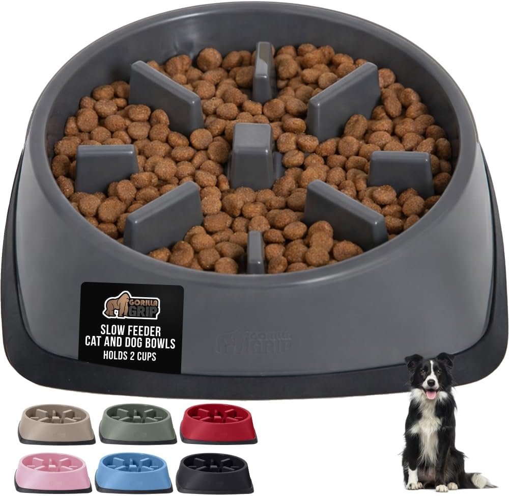 GORILLA GRIP® Patented Slow Feeder Dog and Cat Bowl, BPA Free, 2 Cup Gray