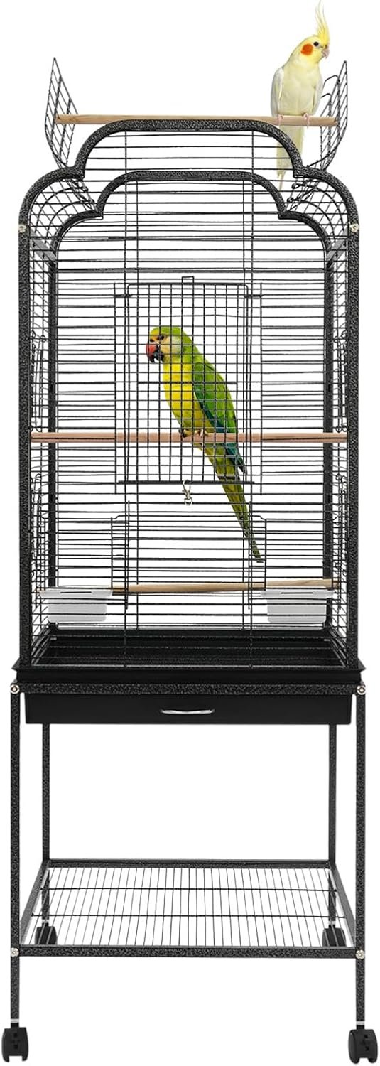 Bird Cage with Dual-Opening Roof, 52 Inch Mdedium Birdcages with Pull-Out Tray, Rolling Bird Cages with Wheels for Parakeets, Parrot, Cockatiel, Pigeon, Finch Cage for Birds(Black)