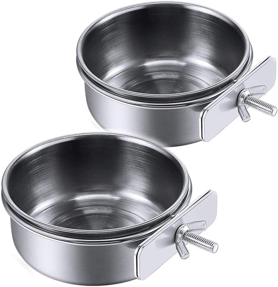 PINVNBY Parrot Feeding Cups Birds Food Dish Stainless Steel Parrot Feeders Water Cage Bowls with Clamp Holder for Cockatiel Conure Parakeet Macaw Small Animal (2PCS, Size: M)