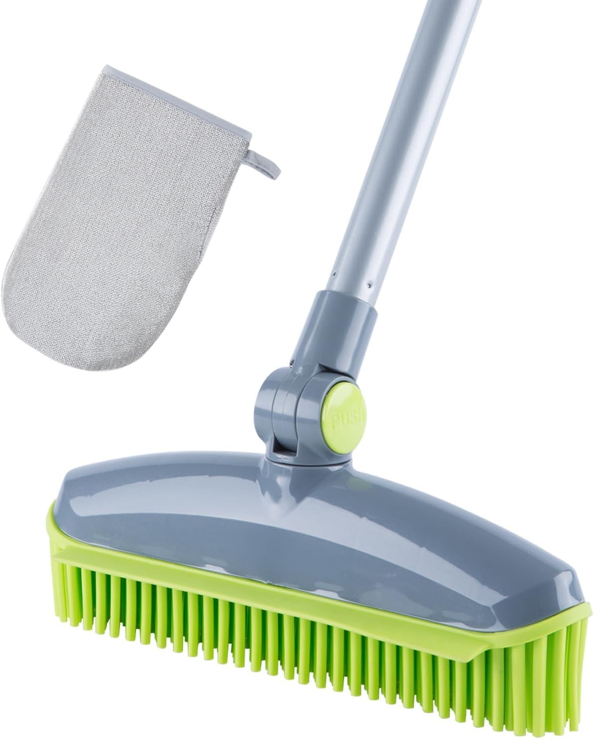 180°Rotating Head Rubber Broom with Squeegee for Pet Hair Removal – 51″ Iron Handle Fur Remover Rake Brush for Carpet, Hardwood & Tile Floors, Includes Pet Hair Removal Gloves (Green)
