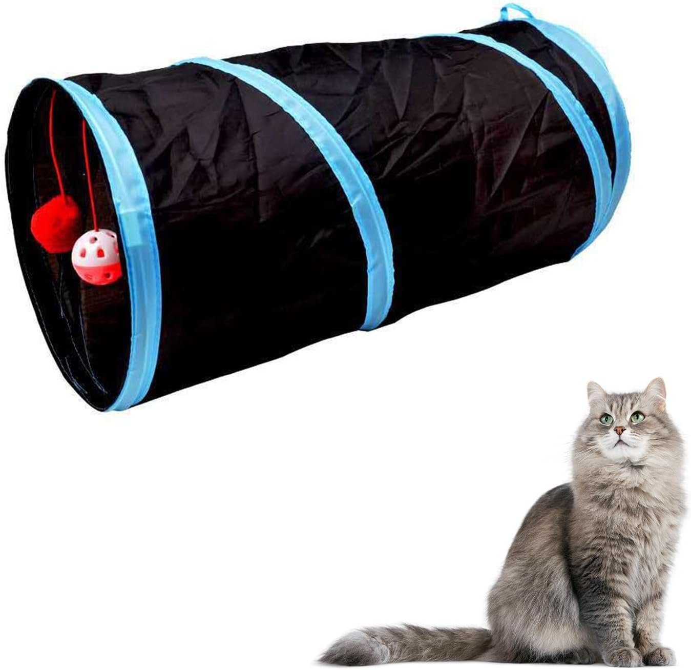 Cat Play Tunnel – Collapsible & Portable Cat Tube with Crinkly Material, Pompom/Sound Ball, Combinable Design for Indoor Cats Rabbits Hunting Fun (Black)