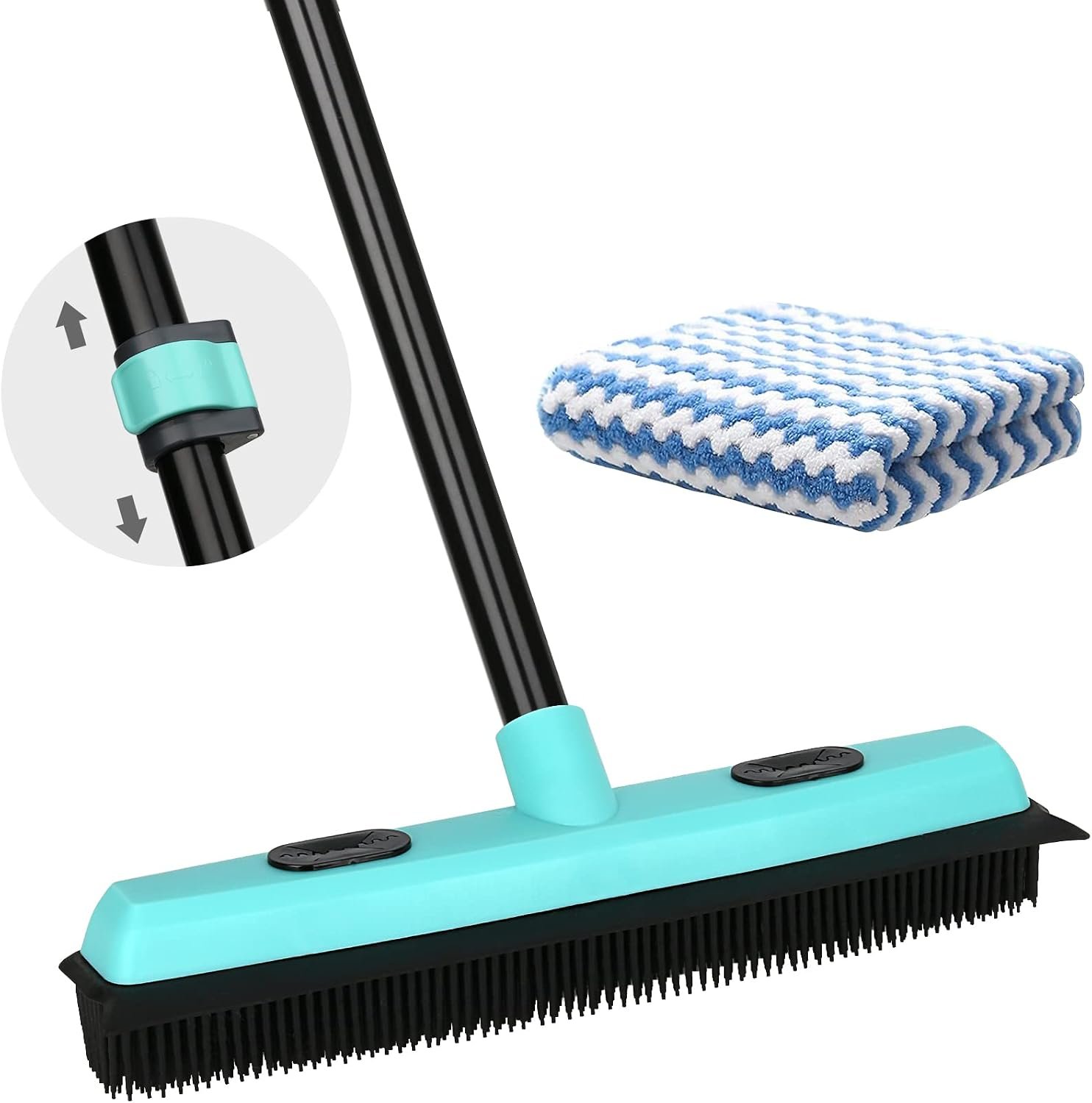 Rubber Broom Carpet Rake for Pet Hair Removal, Fur Remover Broom with 59″ Telescoping Long Handle, Pet Hair Broom with Squeegee for Carpet, Hardwood Floor, Tile
