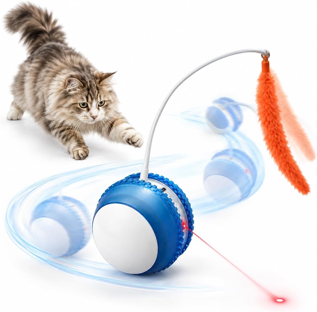 3.54-Inch Interactive Cat Toy – All-Surface Rolling with Long Runtime, Detachable Feather Wand, Laser & Bird Sounds, Type-C Rechargeable (Blue)