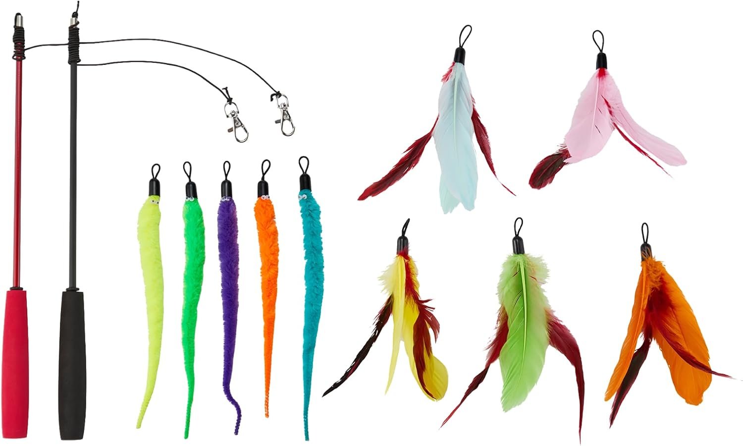 Amazon Basics Cat Feather Toy Kit with 2 Telescoping Wands and 10 Feather Attachments, Natural Feathers, for Adult Cats and Kittens