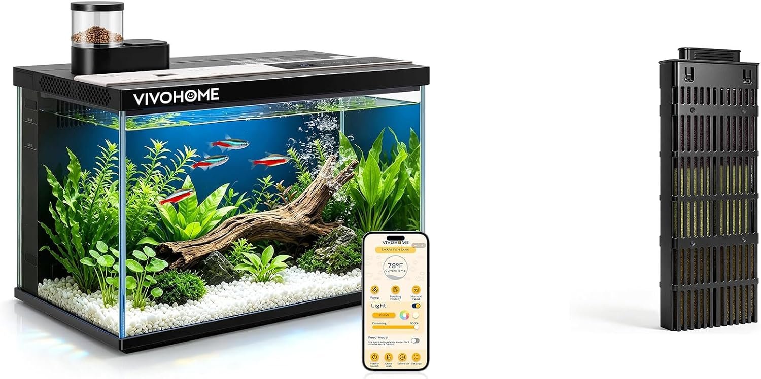 VIVOHOME 5 Gallon Smart Fish Tank with APP Control and Auto Feeder with VIVOHOME Replacement Biological Filter Cartridge for 5 Gallon Smart Fish Tank