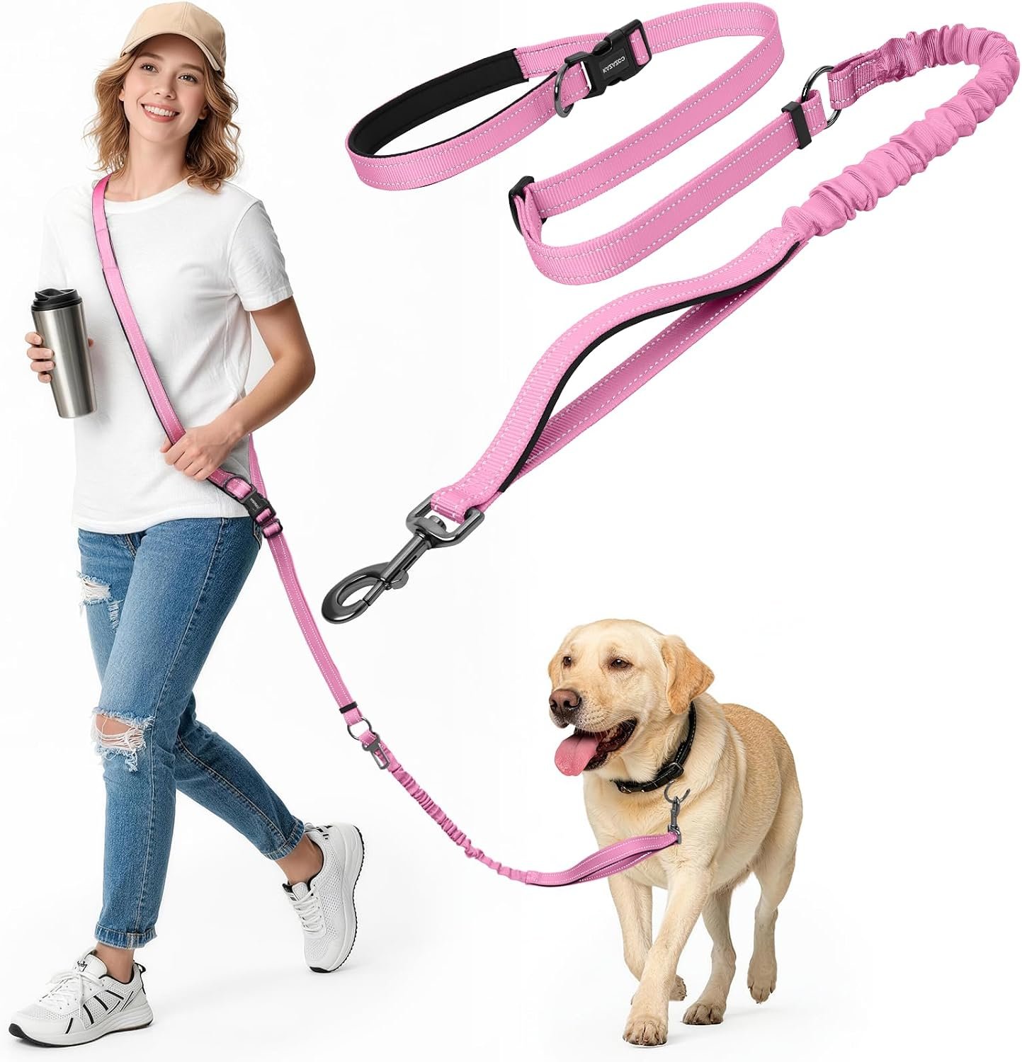 Hands Free Dog Leash by Kazazoo, Adjustable 5.8-8.5FT Heavy Duty Bungee Waist Leash, Reflective Stitches & Quick Off Bucklefor Walking, Jogging,Medium to Large Dogs Up to 150 lbs M Size Pink