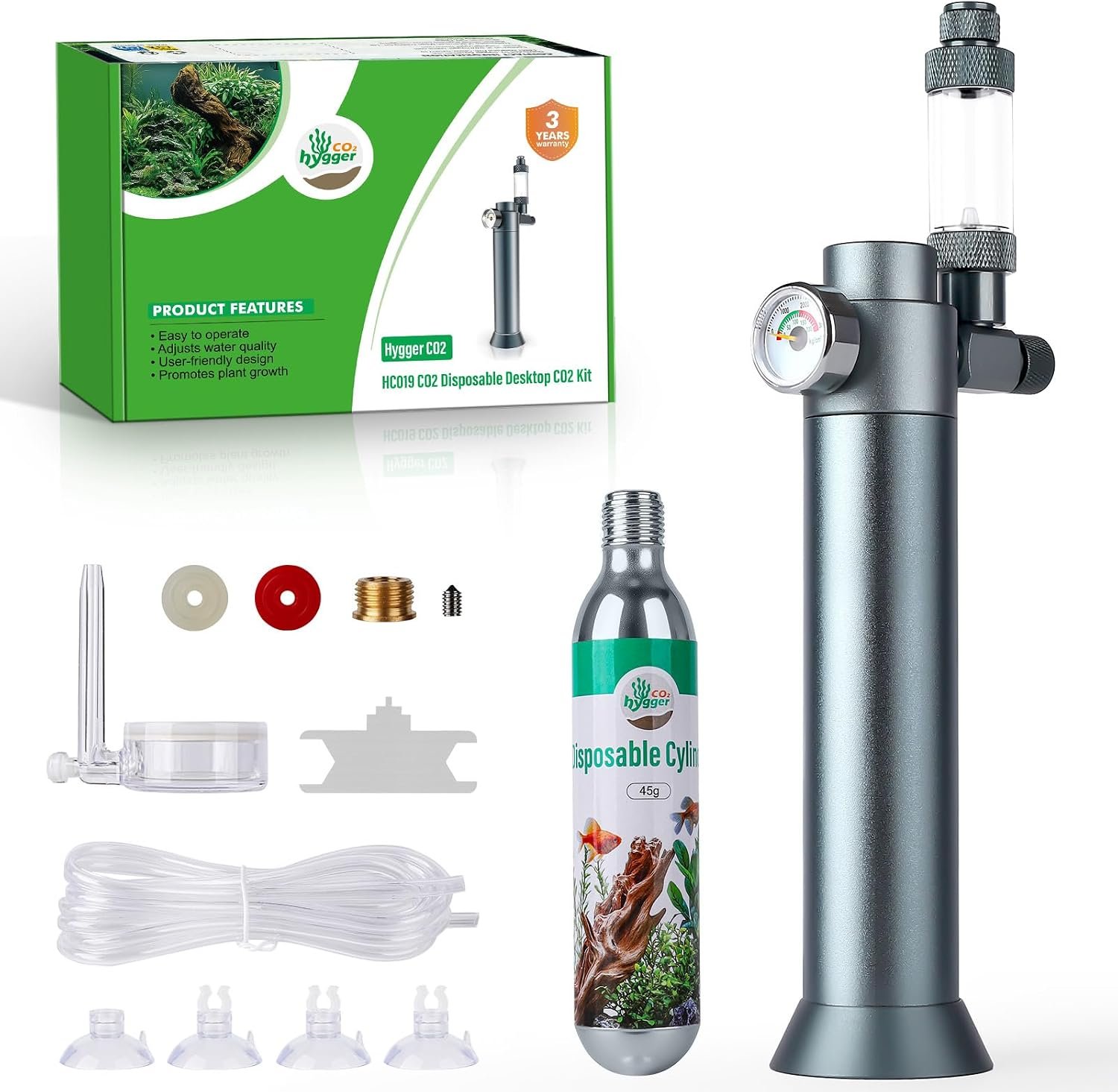 Complete Aquarium CO2 System, Desktop CO2 Regulator with 45g Disposable CO2 Cartridge, Compatible with 5/8″ and 3/8″ Threaded for Nano Aquariums