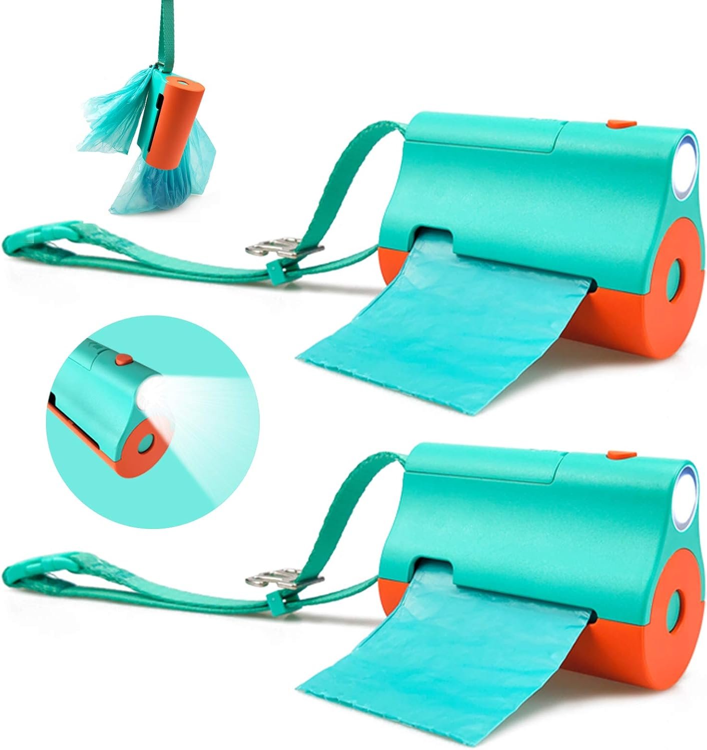 Dog Poop Bags Holder Dispenser with LED Flashlight for Night Walks,Wrist Strap with 2-Hook Clip for Used Dog Waste Bags – Dual-Color Double Exits Design (Blue&Orange, 2 Holder 30 Bags)