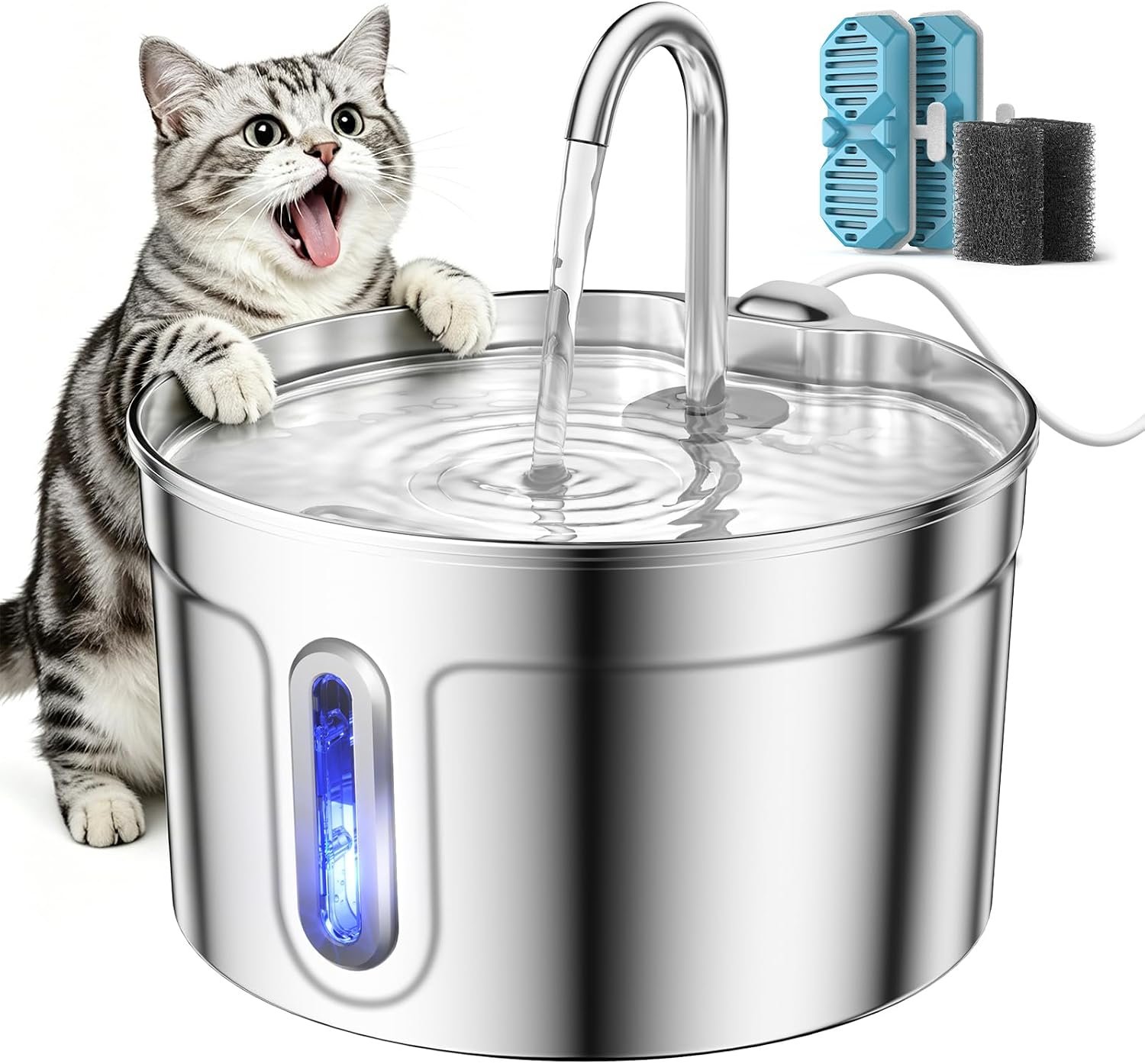 Stainless Steel Cat Water Fountain – 74oz/2.2L Ultra-Silent