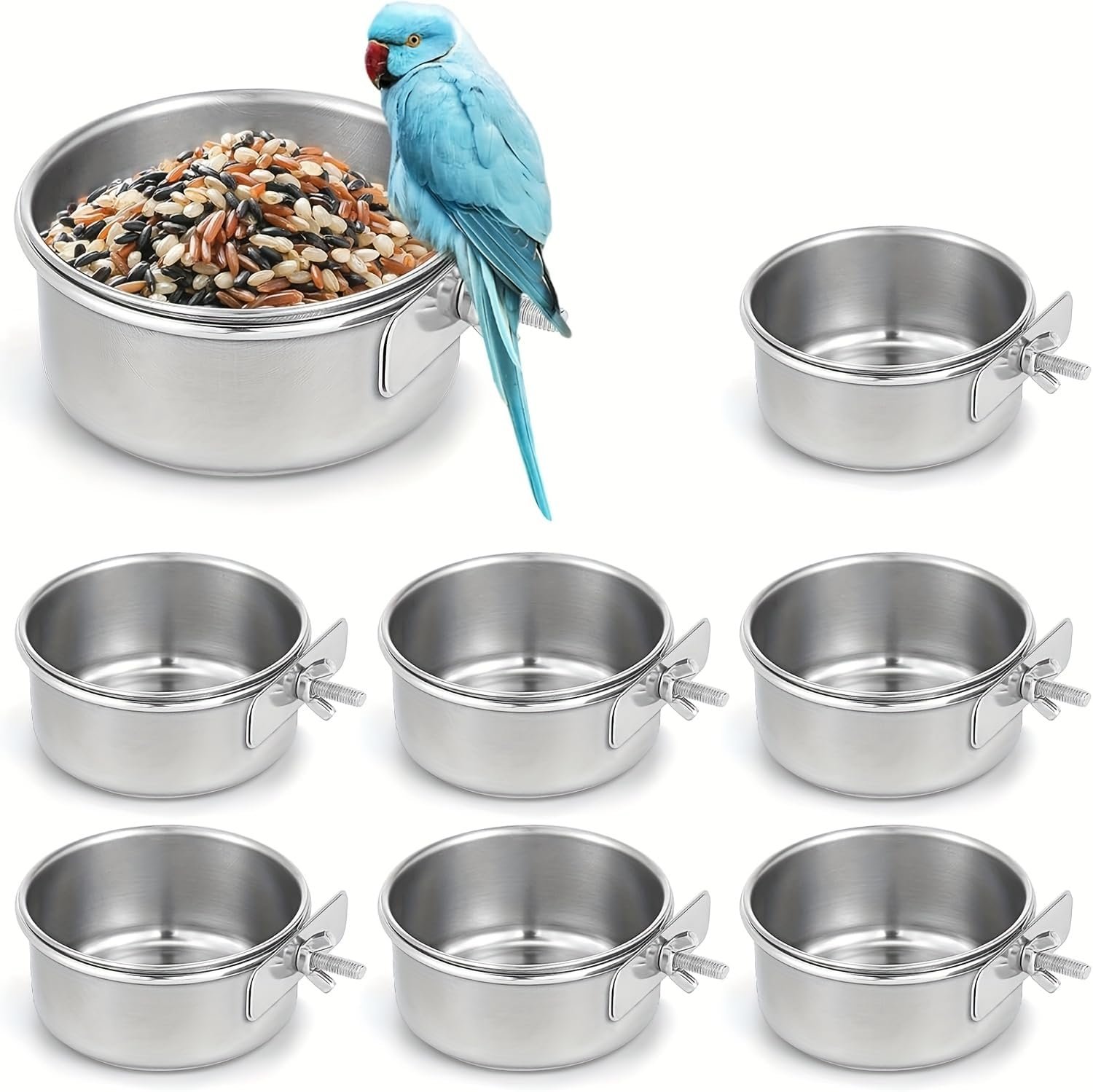 4pcs Stainless Steel Bird Food & Water Bowls with Clamp Holders – 3.9 * 1.7″ Durable Cage Feeders for Parrots, Conures, Budgies, Parakeets, Lovebirds – Easy-Clean Pet Bird Feeding Cups