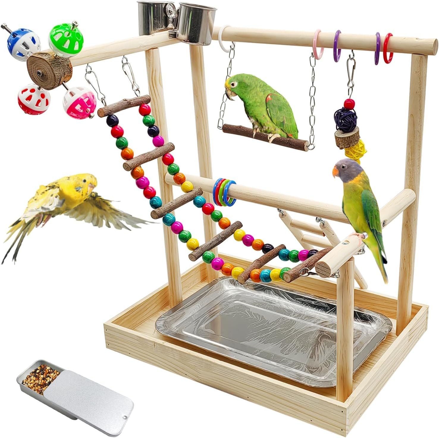 PINVNBY Natural Wood Bird Playground Parrot Perch Stand Lovebird Gym