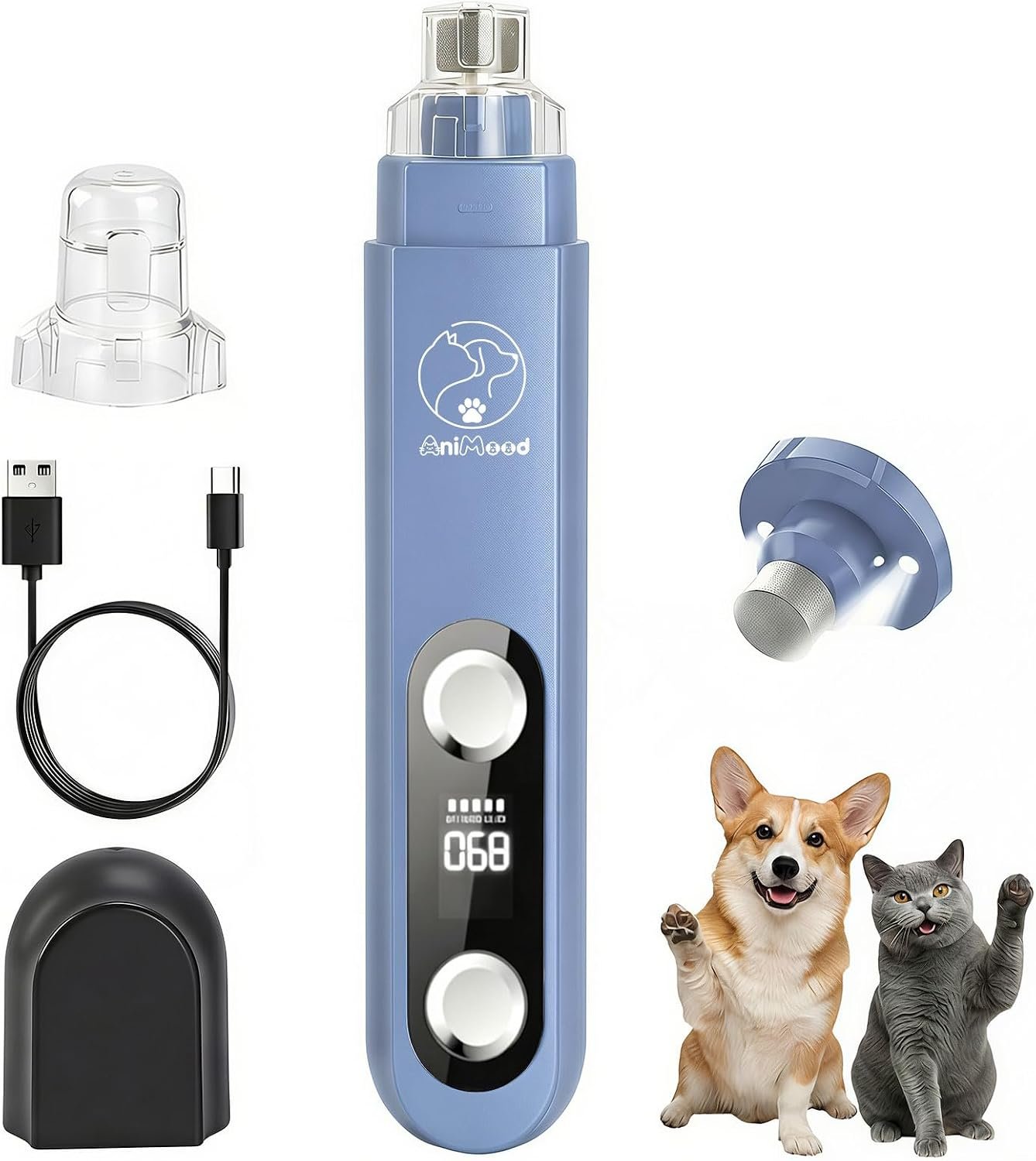 2026 Upgraded 5-Speed Dog Nail Grinder, Ultra Quiet Painless Pet Nail Trimmer with LED Light & Dust Cap, Low Vibration Electric Grooming Tool USB Rechargeable for Small Medium Large Dogs & Cats Blue