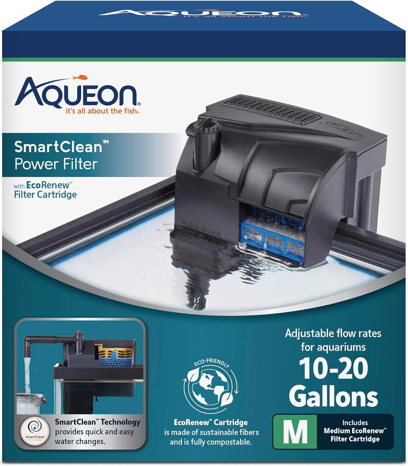 Aqueon SmartClean Power Filter with EcoRenew Filter Cartridge, Quick and Easy Water Changes, Quiet Operation, Adjustable Flow, for 10-20 Gallon Freshwater and Saltwater Aquariums, Medium