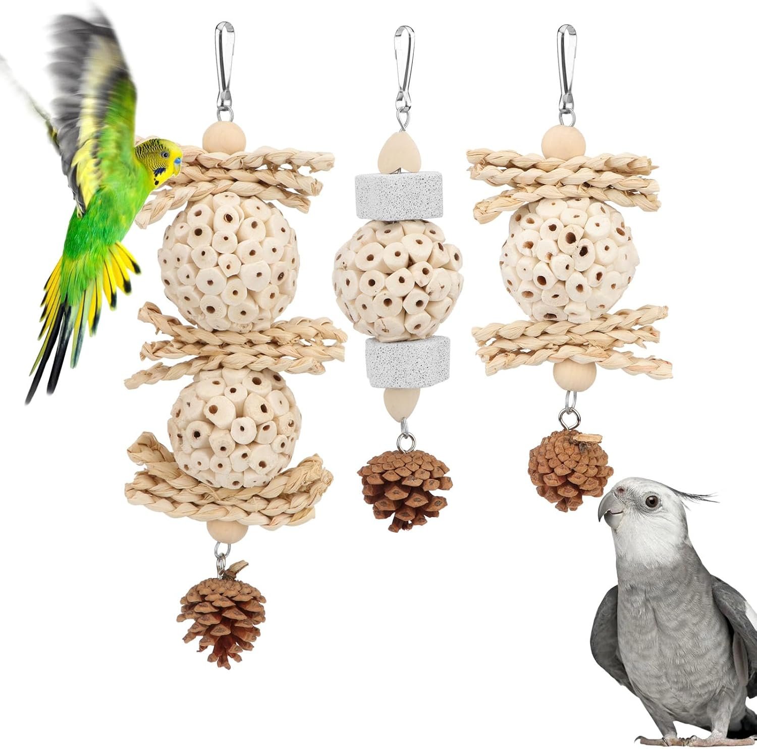Wontee Bird Toys 3 Pack Parrot Foraging Hanging Toys Sola Ball Natural Nuts Chew Toys for Cockatiels Conures Parakeets Budgies Senegal (3 Pack)