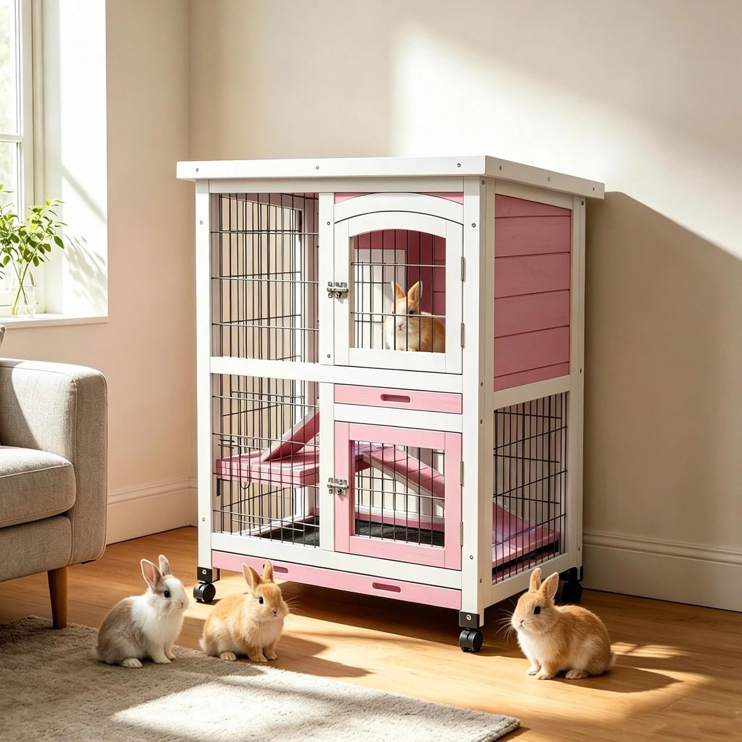 2-Story Bunny Cage, Outdoor Rabbit Hutch Hamster Cages for Small Animals, Rabbit Cage Wooden Guinea Pig Cages with 2 Removable Tray & Waterproof Asphalt Roof (Pink & White)