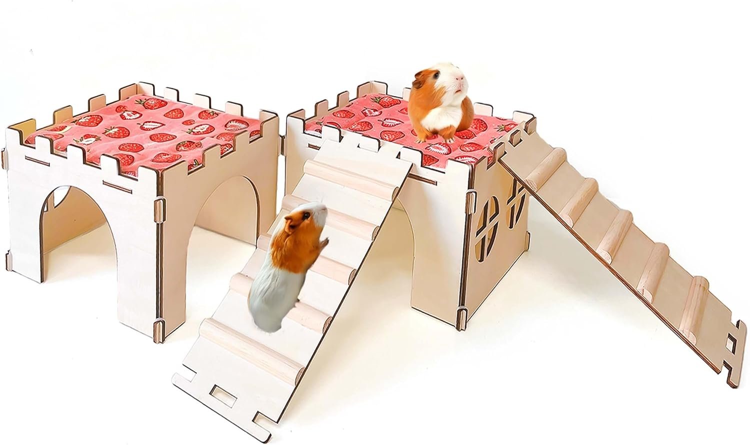 2PCS Guinea Pig Hideout,Large Wooden Guinea Pigs House with Stairs and Mats,Detachable Guinea Pig Castle Hide for Small Animals Hamster Chinchilla Ferret Habitats Accessories