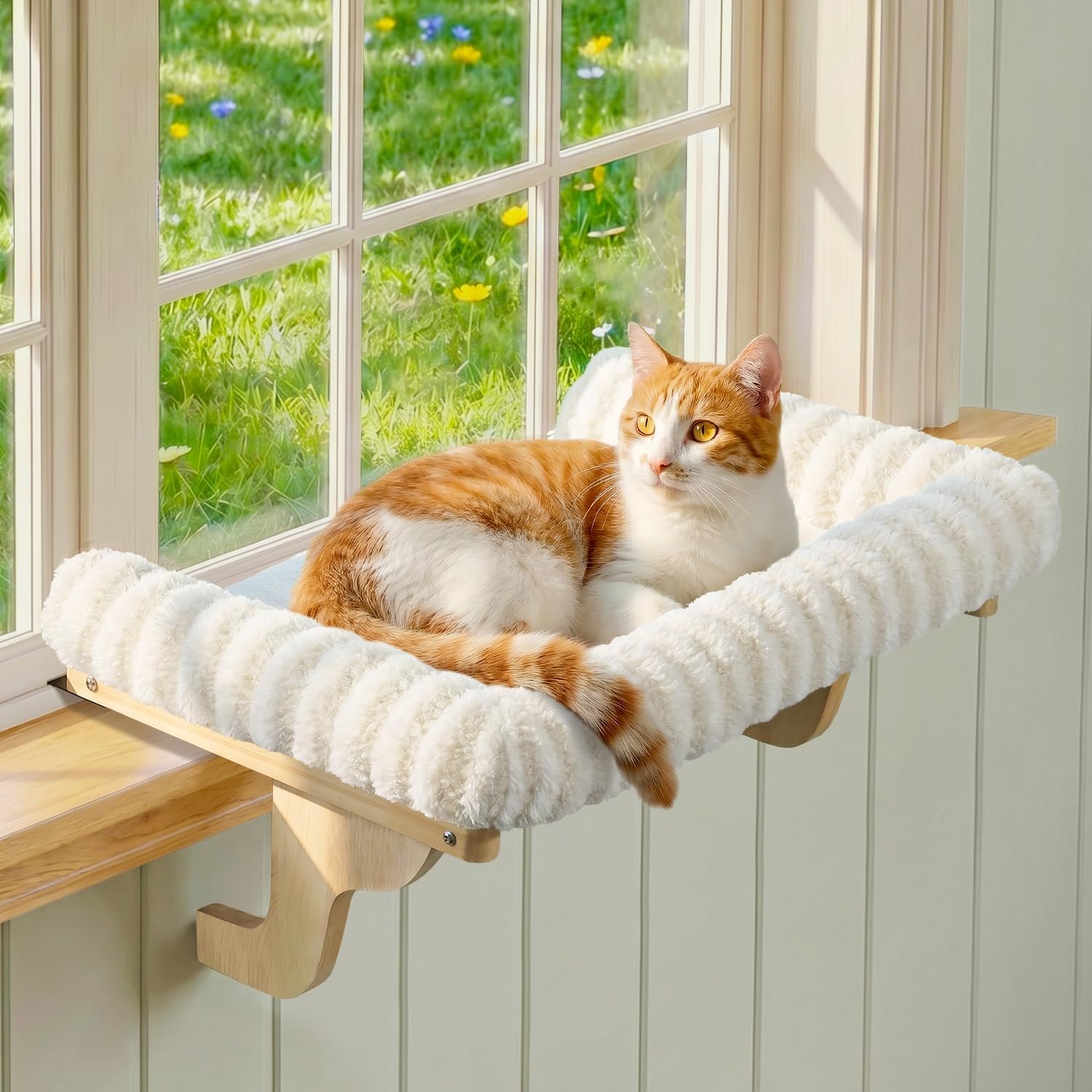 Zakkart Mellow Cat Perch for Windowsill with Hardwood Frame (Beige, XL)