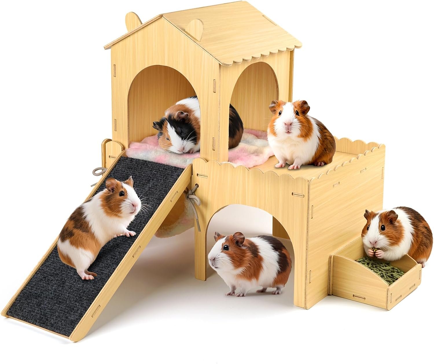 Large Wooden Guinea Pig Hideout, Deluxe 2-Tier Castle with Detachable Snack Feeder, Hammock, Ramp & Accessories – Movable Habitat, Easy Assembly & Clean, Comfort for Rabbits, Hamsters, Guinea Pigs