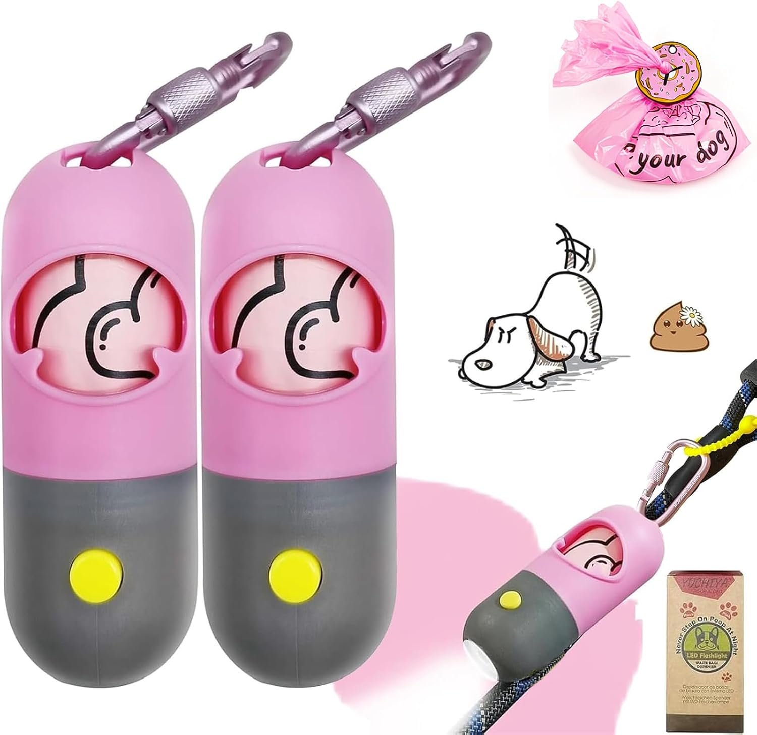 Dog Poop Waste Bags Holder with LED Flashlight, Pink, 2 Pack