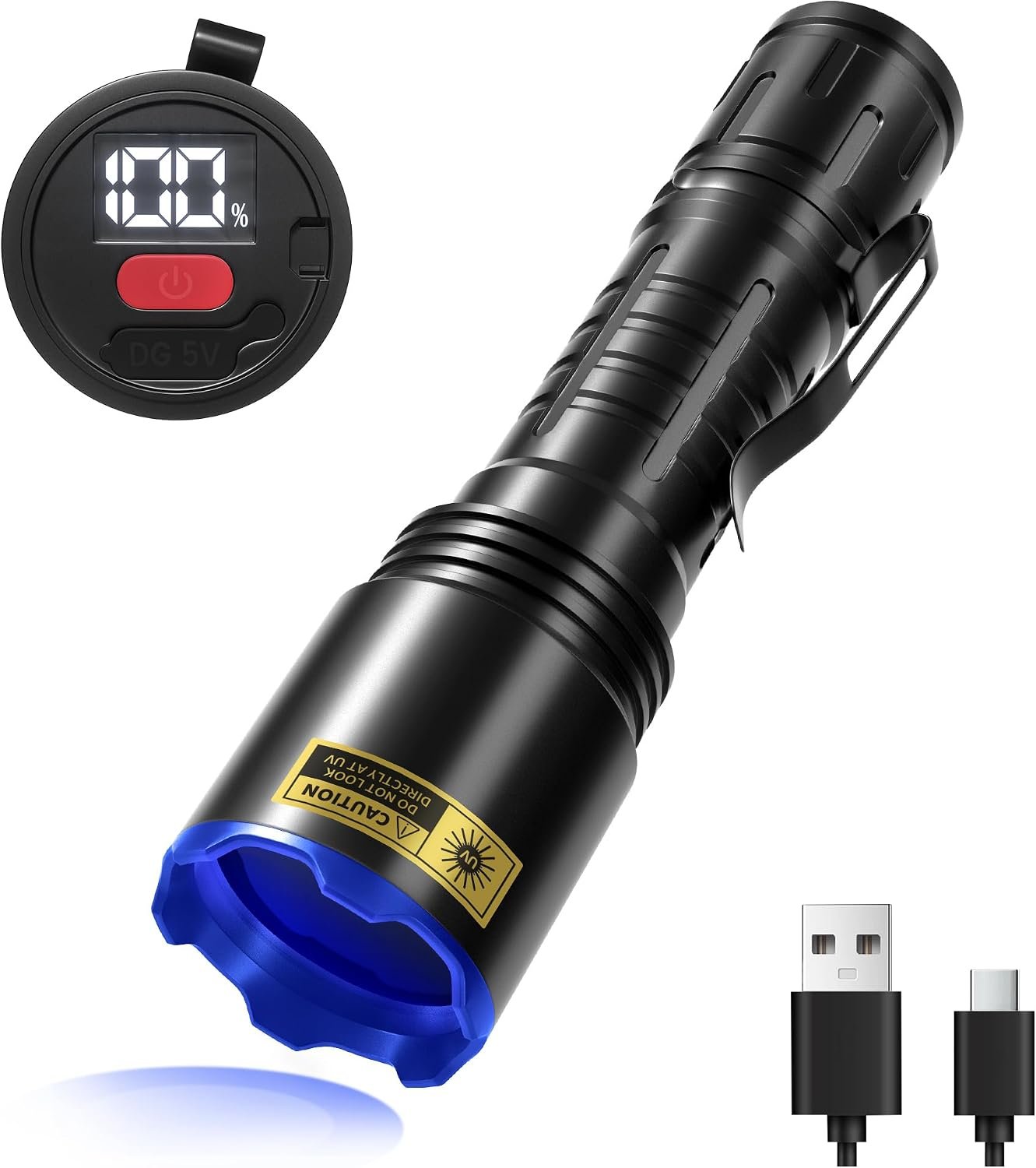 365nm UV Flashlight with Filter and LCD Display, Rechargeable USB-C
