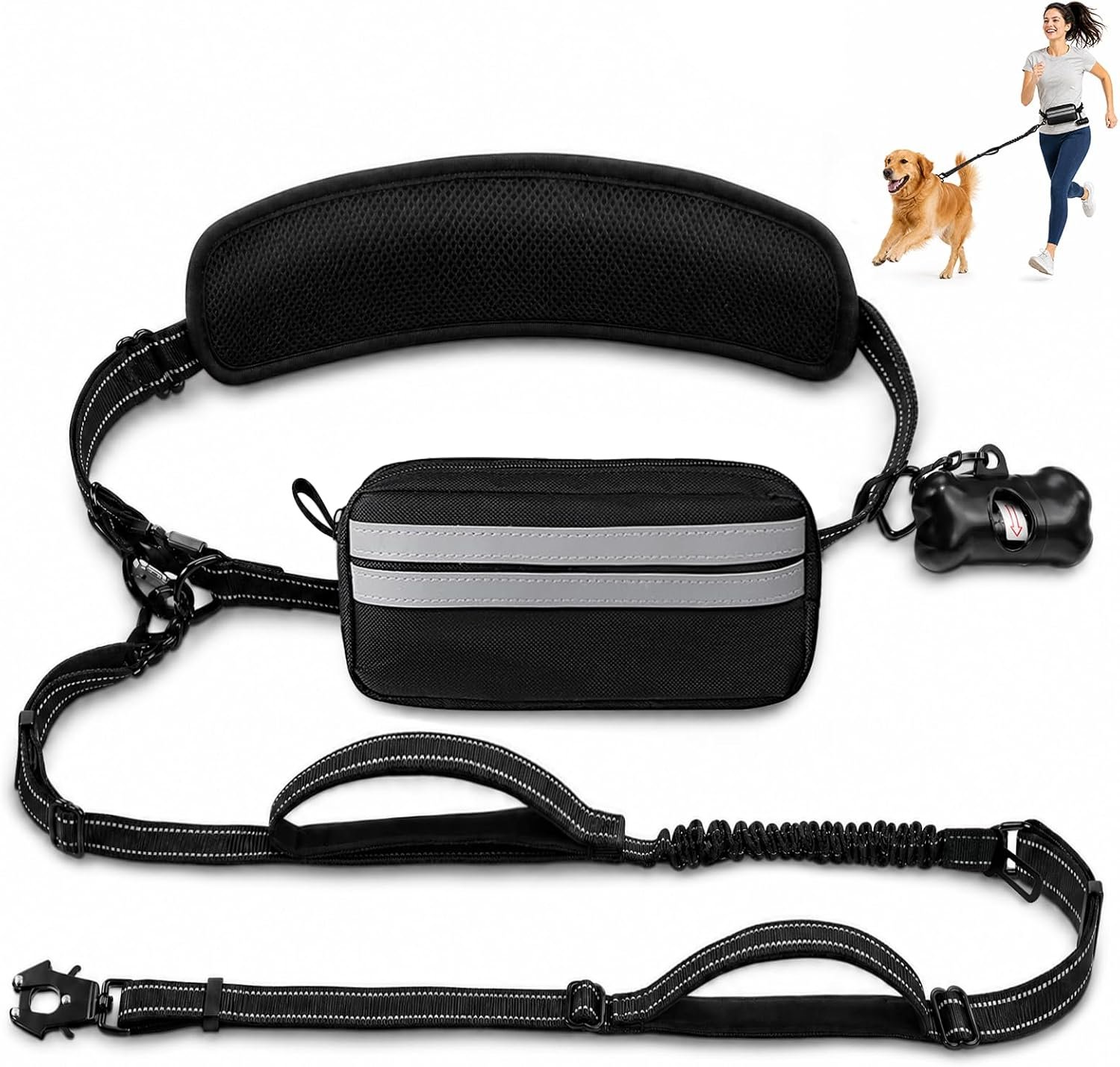 Hands Free Dog Leash with Zipper Pouch & Dog Poop Bag Dispenser