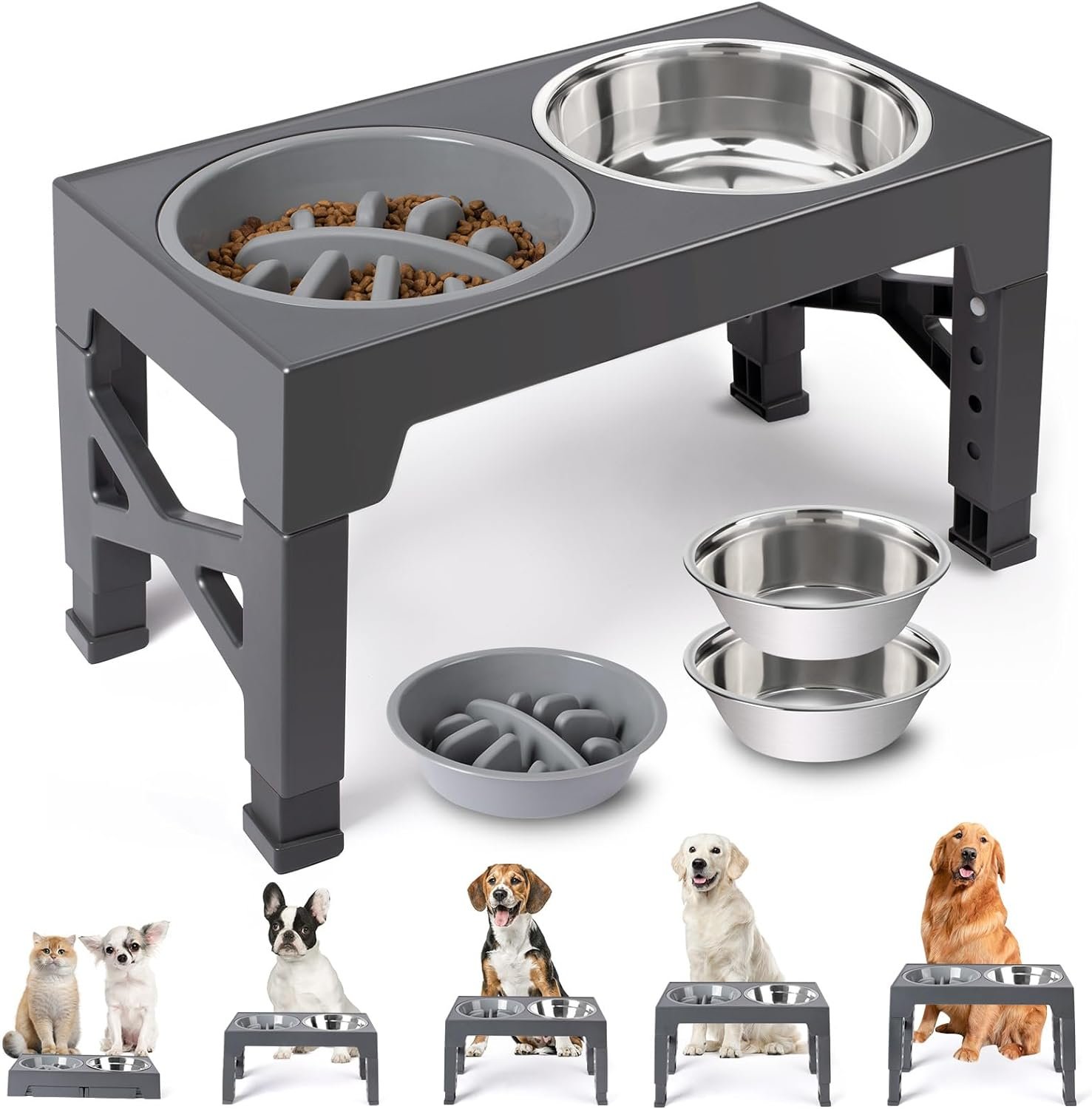 Elevated Dog Bowls with 5 Adjustable Heights Stand