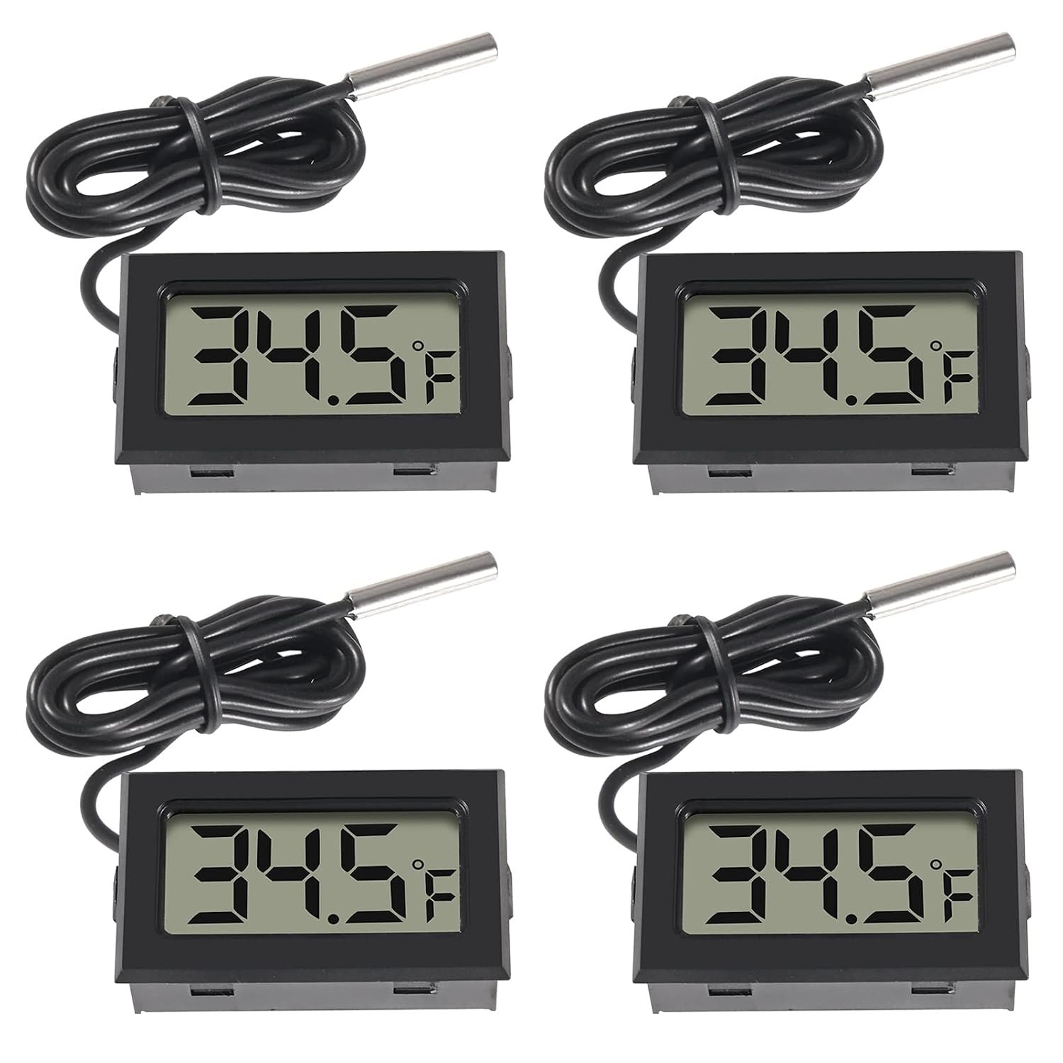 4pcs Digital LCD Thermometer, Fahrenheit Temperature Digital LCD Fridge Thermometer 1M Cable with Probe for Fridge Freezer Refrigerator Aquarium (Black, Fahrenheit)
