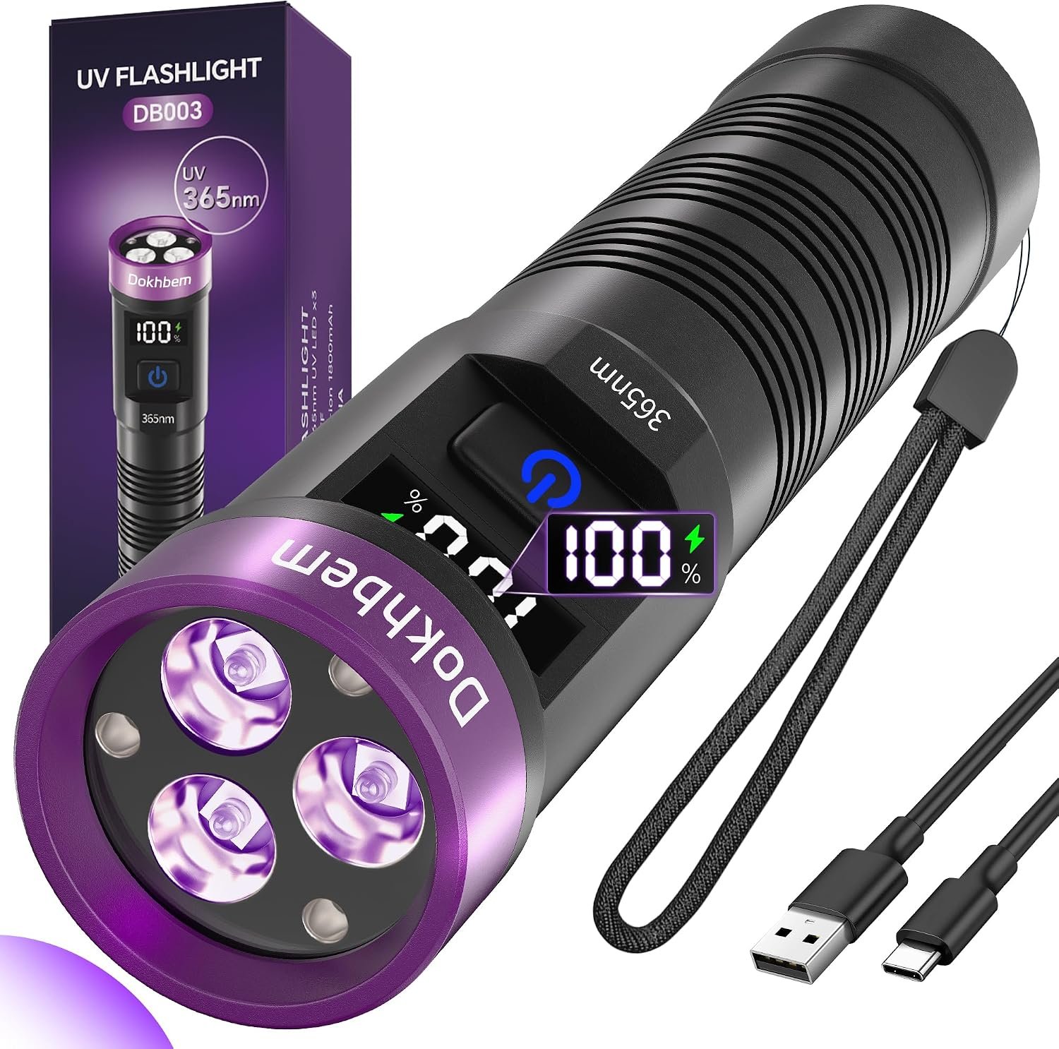 365nm 3LED UV Flashlight Black Light Powerful UV Light Rechargeable