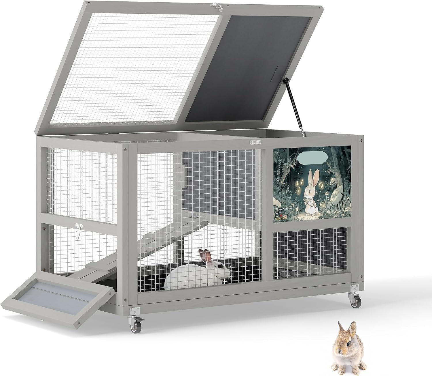 COZIWOW 36.5″ Two‑Level Wooden Rabbit Hutch with Casters & Ramp