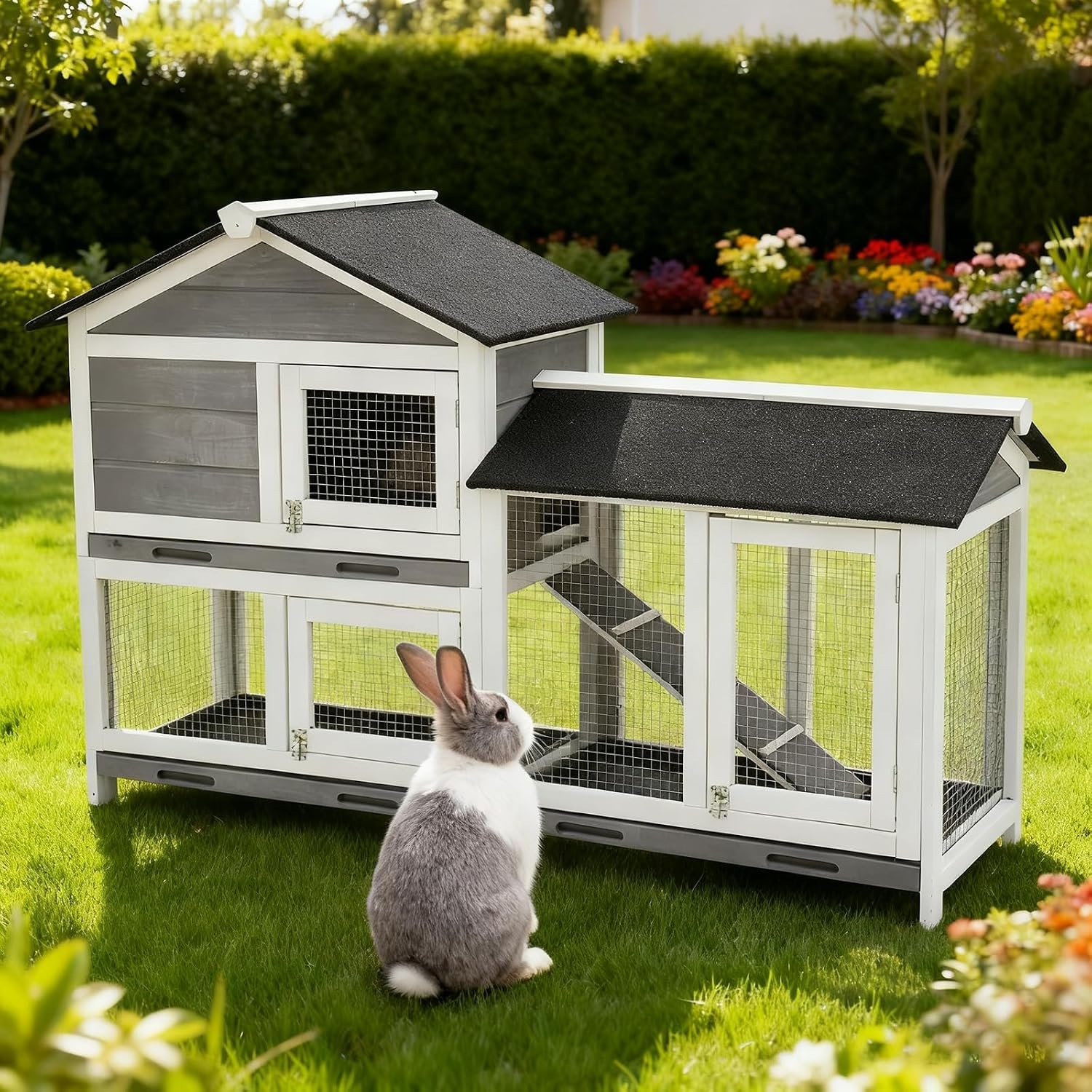 Garvee 58” Bunny Hutch Indoor Bunny Cage, Rabbit Hutch, 2-Tier Bunny House
