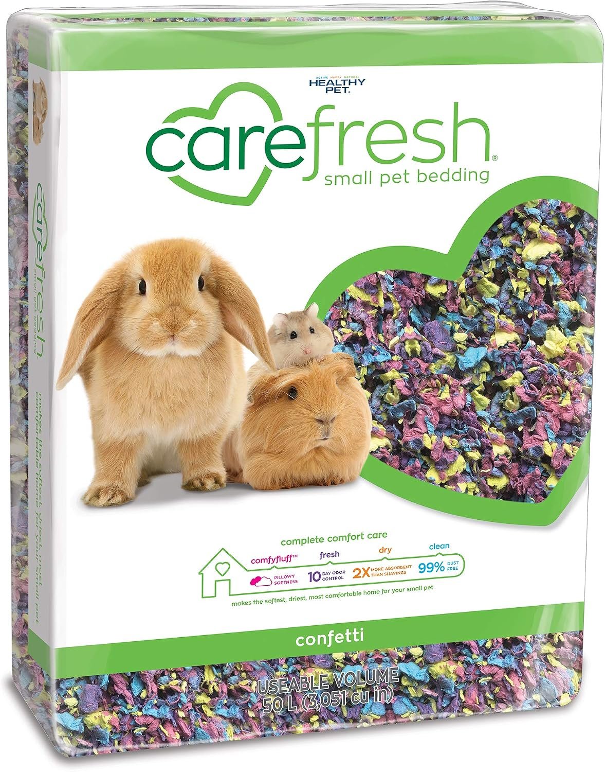 Carefresh Confetti Small Pet Bedding, 99% Dust-Free Natural Paper with Superior 10 Day Odor Control & Absorption for Guinea Pigs, Hamsters, 50L, (Pack May Vary) (L0410)