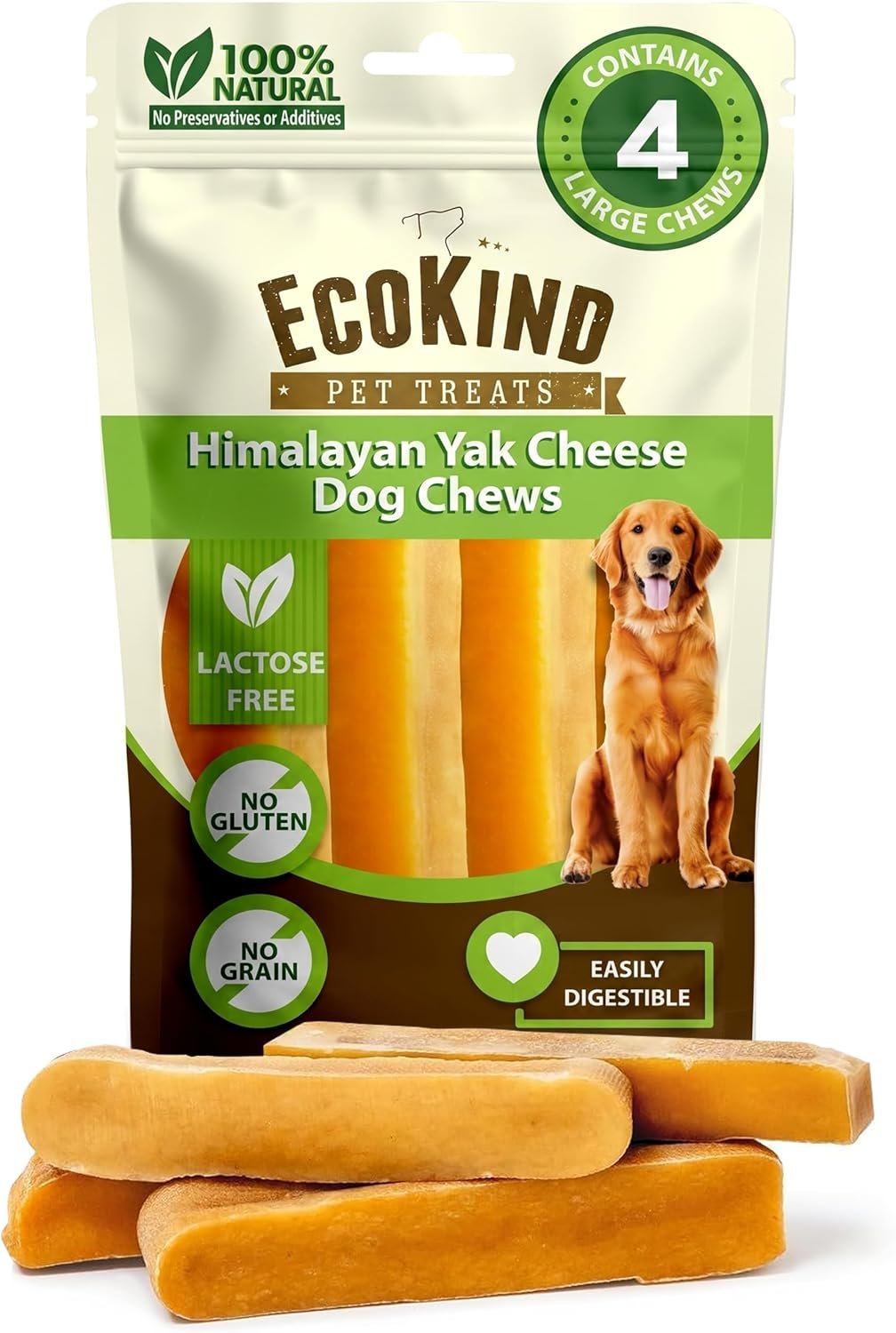 EcoKind Yak Cheese Himalayan Dog Chews, Yak Chews for Large Dogs, 4-5 Bones
