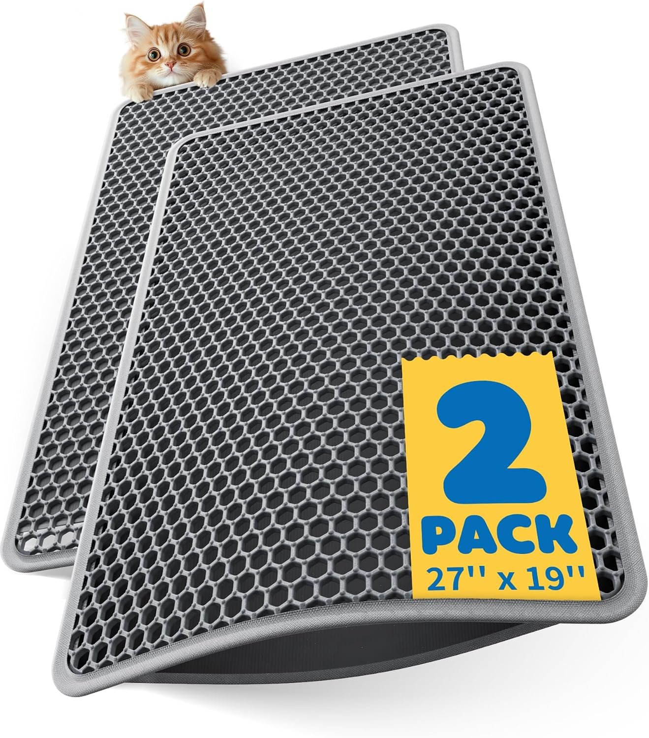 Powools Ultra-Large Cat Litter Mat, 27” x 19″, Double-Layer, Grey, 2 Pack