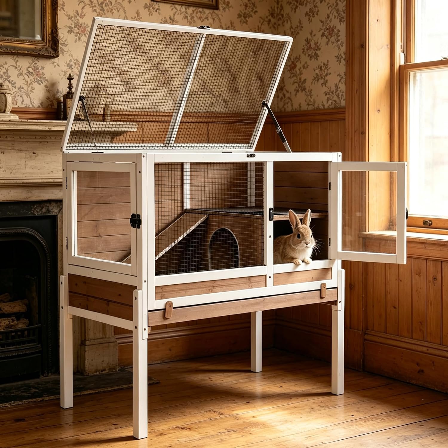 Wooden Guinea Pig Cages Indoor,Two-Story Wooden Rabbit Cage Hutch with Removable Stand and Pull Out Tray, Small Animals Cage Habitat with Ramp and Plastic Mesh(Brown&White)