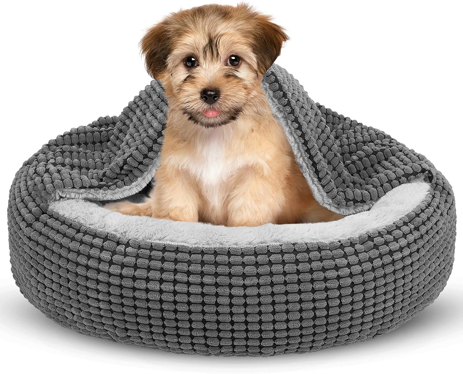 Small Dog Bed with Attached Blanket, Cozy Donut Cuddler Anti-Anxiety Hooded Pet Beds Calming Cave Bed. Orthopedic Round Puppy Beds for Dogs or Cats Washable, Anti-Slip Bottom, 23inch