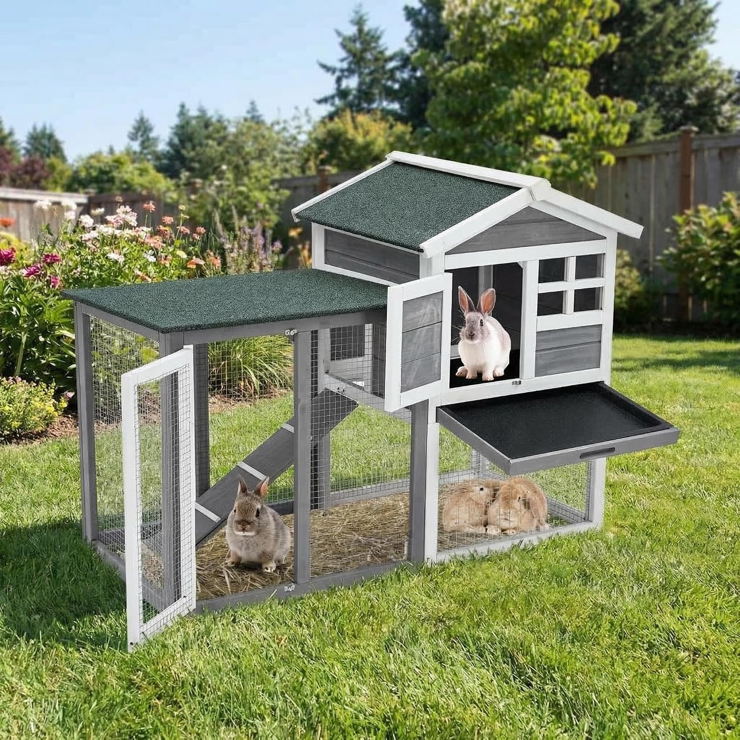 2-Story Wooden Rabbit Hutch & Chicken Coop, Indoor/Outdoor Bunny Cage with Waterproof Roof, Removable Cleaning Tray & Access Ramp for Chicken, Rabbit