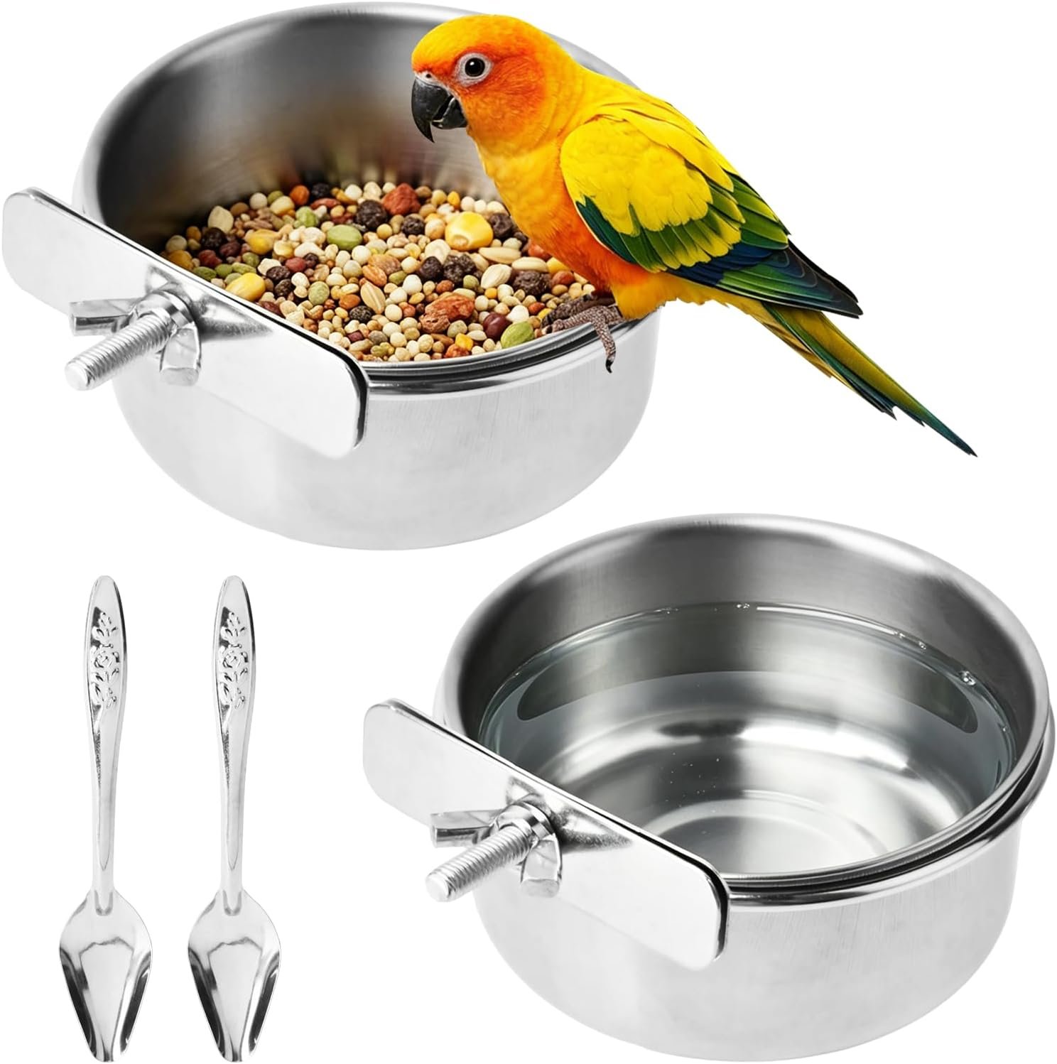 2 Pcs Stainless Steel Bird Feeding Cage Bowls, Parrot Feeder Cups