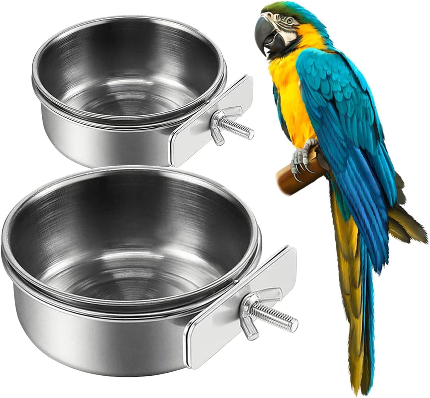2Pcs Stainless Steel Bird Feeding Bowls, Parrot Food Water Feeder Cage Cup Holder Dia 3.93″,4.72″