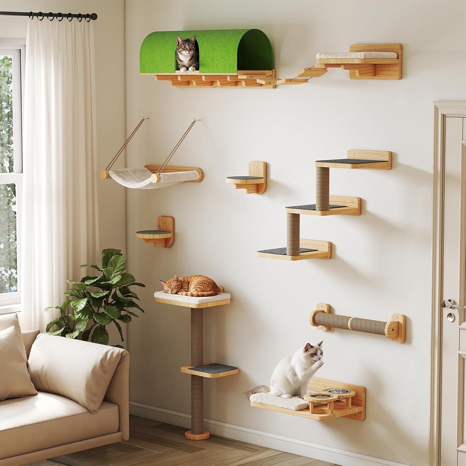 BYBYME 10PCS Cat Wall Shelves, Pine Cat Climbing Wall Furniture with Tunnel