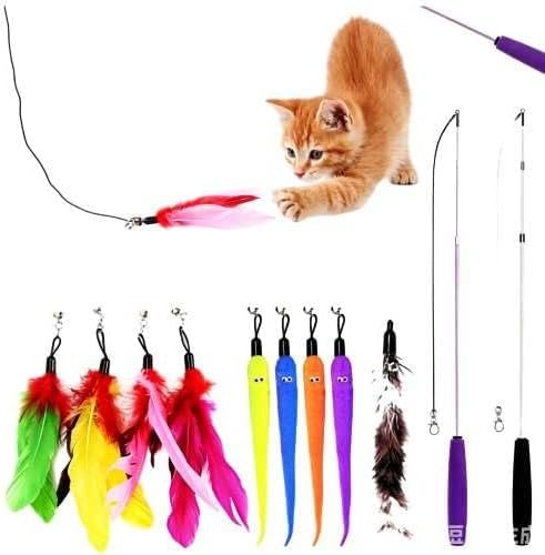 Cat Wand Teaser Toy, Retractable with Feather Refills and Plush Bird Attachments, Interactive Chase Toy for Indoor Cats