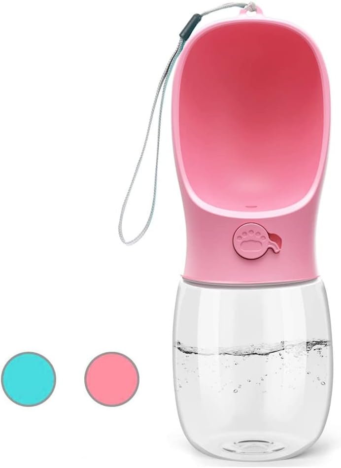 Kalimdor Dog Water Bottle, Leak Proof Portable Puppy Water Dispenser with Drinking Feeder for Pets Outdoor Walking, Hiking, Travel, Food Grade Plastic (12oz Pink)
